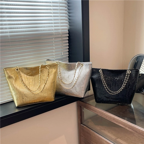 Borsa Tote Grande Da Donna Motivo Coccodrillo Pelle PU Metallico Lucido Moda Borsa A Tracolla Catena