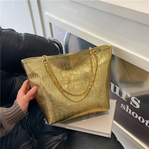 Damen Glänzende Krokodil Muster Tote Bag Vintage Metallic PU Leder Schultertasche Mit Kette Riemen Urban Casual Handtasche