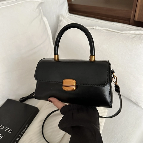 Women Retro PU Leather Handbag Square Flap Shoulder Crossbody Bag With Top Handle Metal Lock Buckle Solid Color Fashion