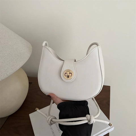 Crescent Shoulder Bag Women PU Leather Golden Twist Lock Knot Detail Underarm Hobo Bag Minimalist Fashion Daily Purse