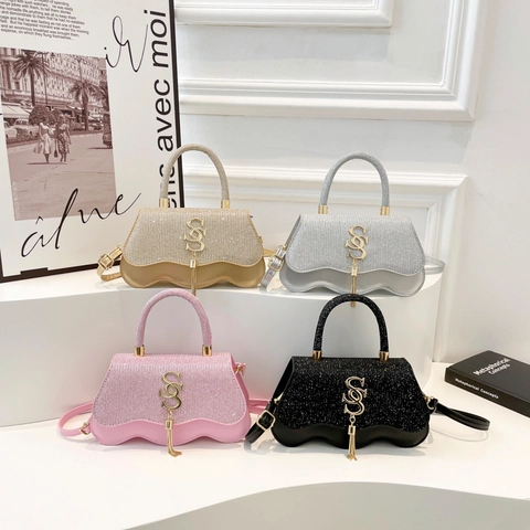 Bolso De Hombro Con Purpurina Para Mujer Cuero PU Fondo Ondulado Borla Logo Metálico Moda Casual Fiesta Bolso De Mano