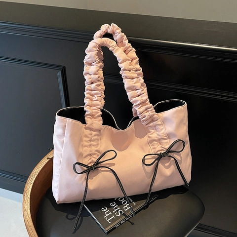 Damen Nylon Tote Tasche Geraffter Schultergurt Schleife Große Kapazität Täglich Pendeln Chic Mode Handtasche