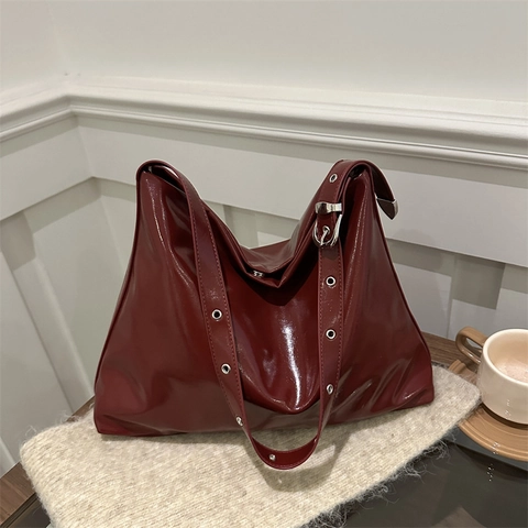 Glänzende PU Leder Tote Bag Große Kapazität Damen Minimalistische Umhängetasche Mit Verstellbarem Ösenriemen Pendler Handtasche