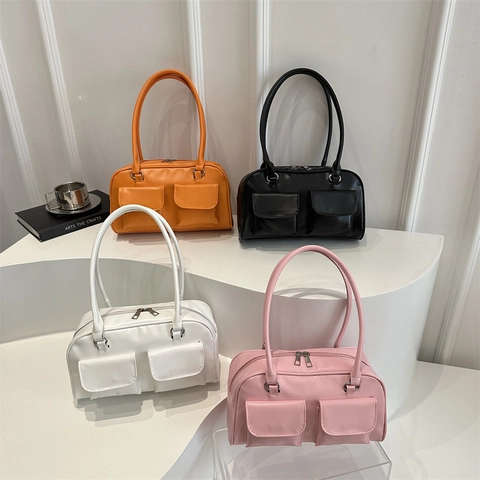 Women Underarm Shoulder Bag PU Leather Double Front Flap Pockets Minimalist Solid Color Urban Commuting Fashion Handbag