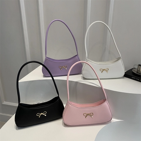 Bolso Axilar de Cuero PU Minimalista para Mujer Decoración de Lazo Vintage Bolso de Hombro Color Sólido Casual Moda