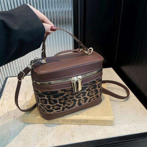 Bolso De Mano Caja Retro Mujer Color Contraste Estampado Leopardo Cuero PU Lona Bandolera Cubo Dual Cremallera