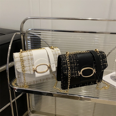 Women Tweed Patchwork Crossbody Shoulder Bag Vintage Elegant PU Leather Flap Square Bag Gold Buckle Metal Chain Strap