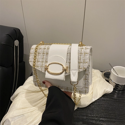 Women Tweed Patchwork Crossbody Shoulder Bag Vintage Elegant PU Leather Flap Square Bag Gold Buckle Metal Chain Strap
