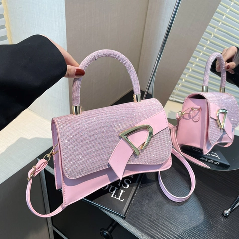 Mode Dames Handtas PU Leer Glitter Pailletten Crossbody Tas Met D Metalen Gesp Gebogen Bodem Gestructureerde Portemonnee