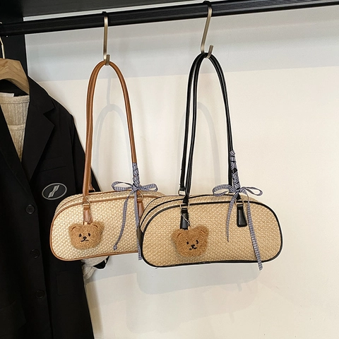 Retro Webstil Damen Umhängetasche PU Besatz Achseltasche Mit Schleife Und Plüschbär Anhänger Lässige Mode Tasche