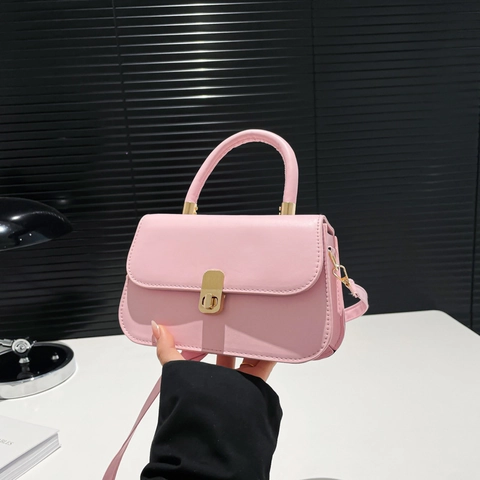 Women PU Leather Shoulder Bag Chic Korean Style Solid Color Handbag With Gold Metal Lock Top Handle Crossbody Purse