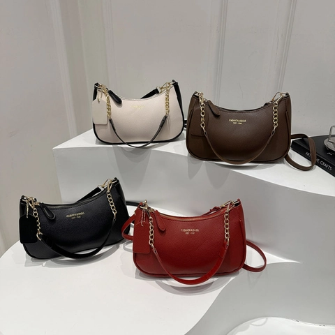 Bolso Hobo Minimalista de Cuero PU para Mujer Grano de Lichi Bolso de Hombro Con Cadena Dorada Bolso de Axila Creciente