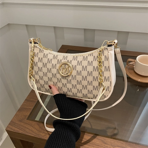 Dames Mode Onderarm Schoudertas PU Leer Monogram Letterprint Metalen Ketting Halve Maan Hobo Tas Elegant