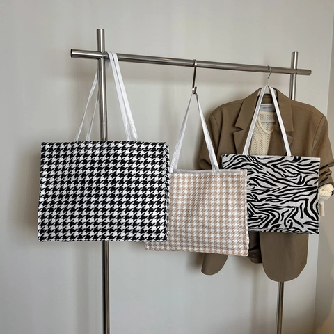 Borsa Tote in Lana Moda Donna Motivo Pied De Poule Zebra Grande Capacità Borsa a Tracolla Per Pendolarismo Quotidiano Shopping