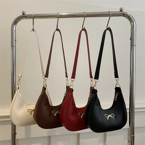 Mode Vrouwen PU Leer Hobo Tas Gouden Strik Decoratieve Okseltas Frans Retro Crescent Schoudertas Elegante Dagelijkse Tas