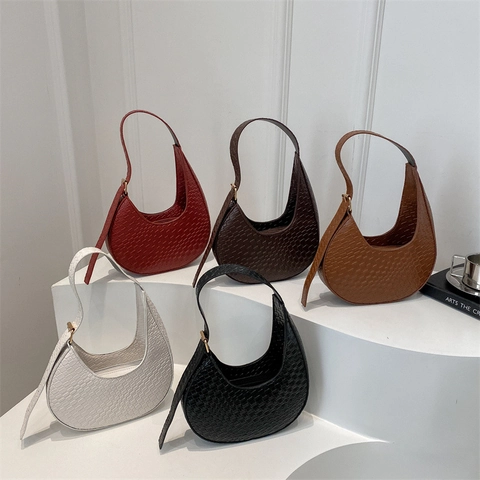 Sac à Bandoulière Croissant Femme en Cuir PU Motif Crocodile Texture Tissée Sac Sous l'Aisselle Vintage Hobo 2025