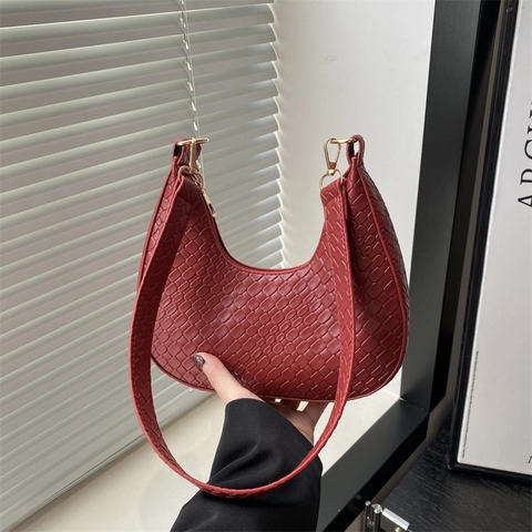 Bolso de Axila de Media Luna de Cuero PU con Textura Tejida Bolso de Hombro Retro de Color Sólido para Mujer Cierre de Cremallera Casual