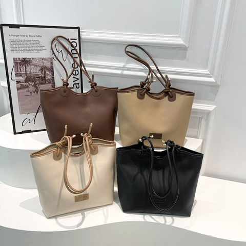 Vintage Large Capacity PU Leather Tote Bag For Women Fashion Knot Shoulder Bag Minimalist Commuter Handbag Solid Color