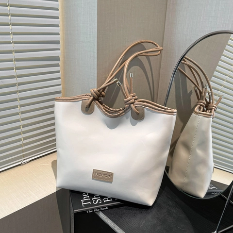 Simple Large Capacity PU Leather Tote Bag Color Blocking Knotted Shoulder Bag For Women Daily Commuter Handbag