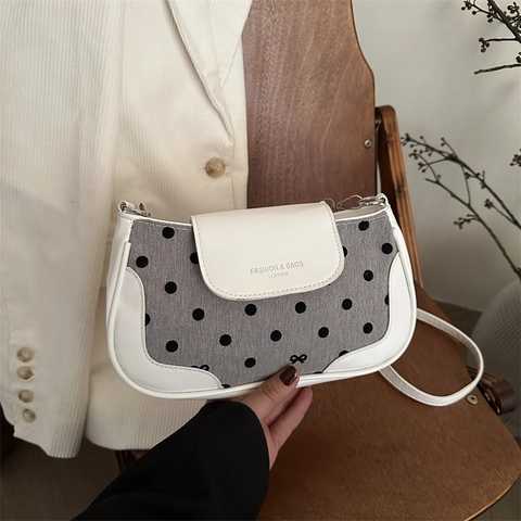 Damen Polka Dot Schleife Patchwork Umhängetasche PU Leder Stoff Minimalistisch Klein Achseltasche Crossbody Mode