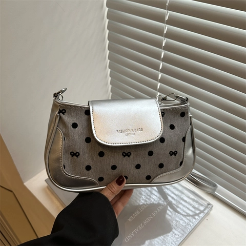 Women Shoulder Crossbody Bag Polka Dot Bow Print PU Leather Fabric Splicing Flap Square Underarm Handbag Adjustable Strap