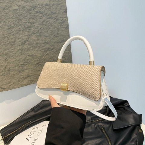 Women Shoulder Bag PU Leather Woven Stitching Small Square Crossbody Bag Gold Buckle Top Handle Urban Chic Handbag