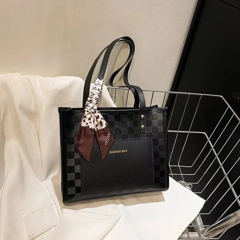 Bolso Tote Para Mujer De Cuero PU Con Patrón De Cuadros Contraste De Color Gran Capacidad Bolso De Hombro Con Pañuelo