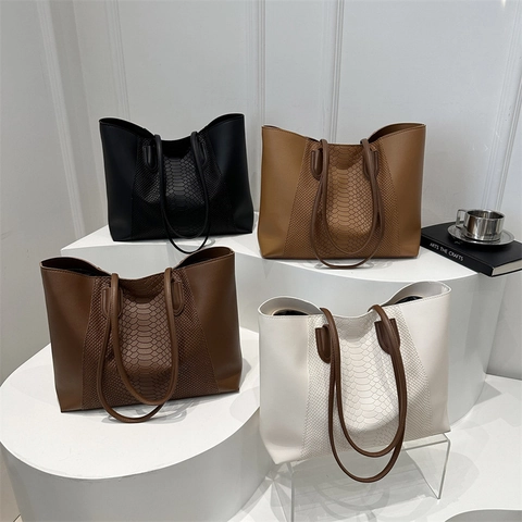 Grand Sac Fourre-Tout Cuir PU Motif Serpent Patchwork Travail Bureau Quotidien Élégant Sac À Main Épaule Pour Femmes
