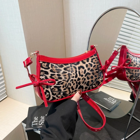 Bolso De Axila Con Estampado De Leopardo Lazo Vintage Color En Contraste Cuero De PU Bolso De Hombro Para Mujer
