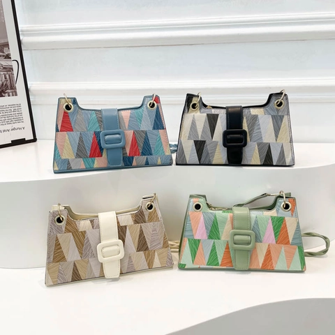 Borsa Baguette Patchwork Geometrico Triangolo Pelle PU Borsa A Spalla Sottobraccio Con Fibbia Quadrata Per Donna