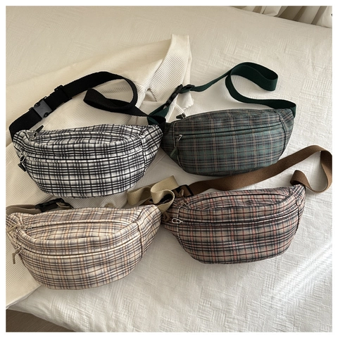 Women Plaid Corduroy Waist Bag Japanese Style Gingham Chest Bag Adjustable Strap Casual Crossbody Bag For Travel Daily