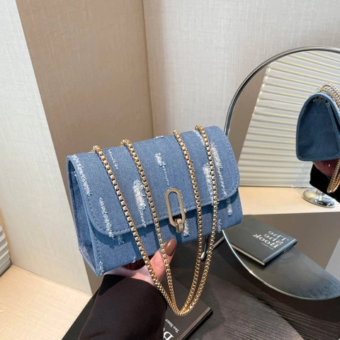 Women Denim Shoulder Bag With Metal Chain Strap Distressed Ripped Design Crossbody Small Square Flap Handbag