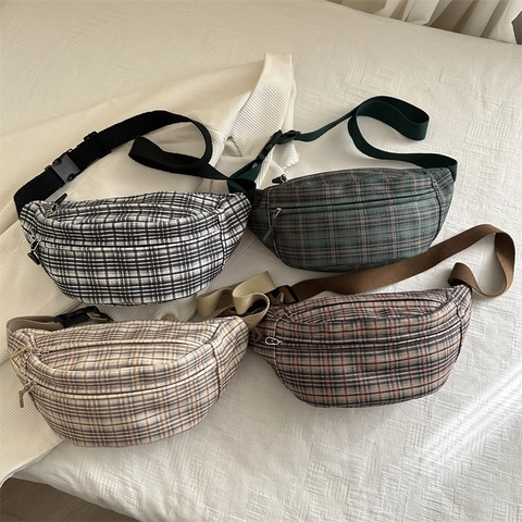 Borsa Da Petto Crossbody A Quadri Tela Tracolla Regolabile Doppia Cerniera Stile Urbano Casual Per Donne