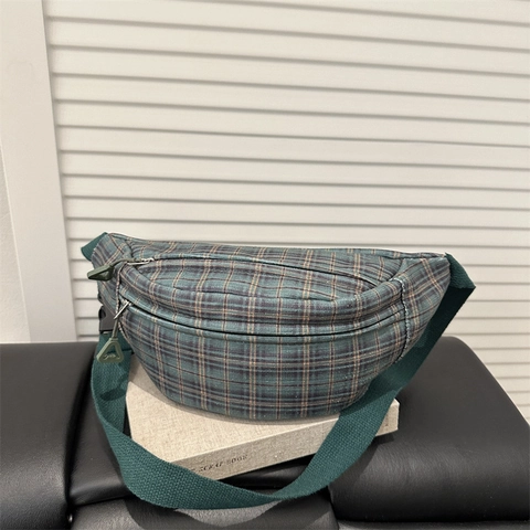 Borsa Da Petto Crossbody A Quadri Tela Tracolla Regolabile Doppia Cerniera Stile Urbano Casual Per Donne