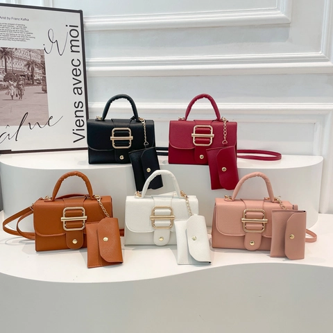 Lychee Pattern PU Leather Crossbody Bag And Detachable Pouch Chic Handbag With Gold Square Buckle Top Handle Street Trend Daily Women