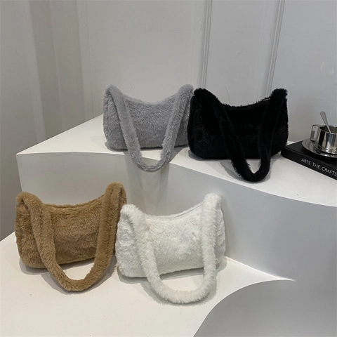 Women Fashion Plush Underarm Bag Soft Faux Fur Shoulder Bag Solid Color Hobo Bag For Winter Daily Streetwear Handbag
