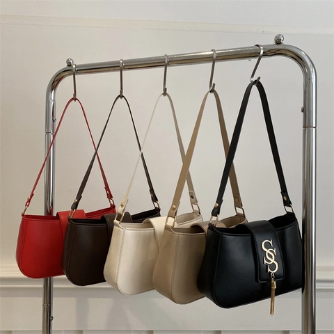 Bolso de Axila de Cuero PU Vintage para Mujer Con Hebilla Metálica en Forma de S Borla Moda Minimalista Bolso de Hombro Color Sólido Viaje Diario