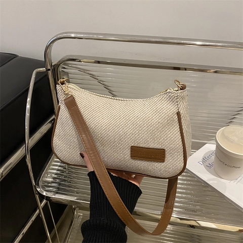 Borsa A Spalla Sottobraccio Retro In Tessuto Twill Con Finiture In Pelle PU Borsa A Mano Versatile Per Donna