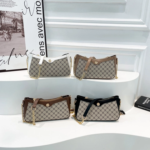 Vintage Französischer Stil Monogramm Unterarmtasche Für Damen Luxus Goldkette Umhängetasche Retro Muster Kunstleder Tasche