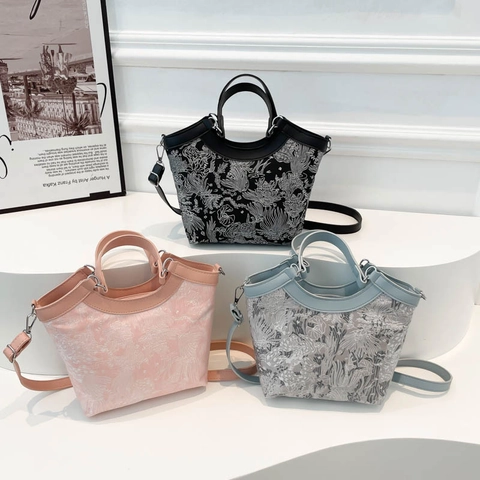 Damen Blumen Jacquard Eimertasche Stilvolle Bestickte Handtasche Retro PU Lederbesatz Schultertasche Verstellbarer Riemen