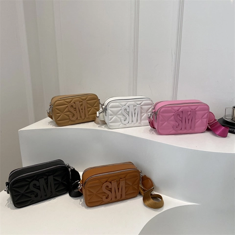 Small Square Camera Bag PU Leather Quilted Letter Decor Wide Strap Fashion Crossbody For Women