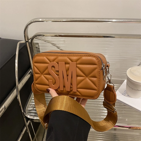 Small Square Camera Bag PU Leather Quilted Letter Decor Wide Strap Fashion Crossbody For Women