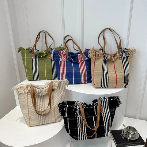 Damen Gewebte Gestreifte Tragetasche Mit Quaste Große Kapazität Bohemian Stil Schultertasche Für Den Täglichen Urlaub Büro Strand