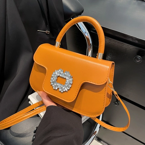 Bolso de Mano de Mujer de Cuero PU con Hebilla de Strass Bolso Bandolera Cuadrado de Lujo Color Sólido Bolso de Hombro