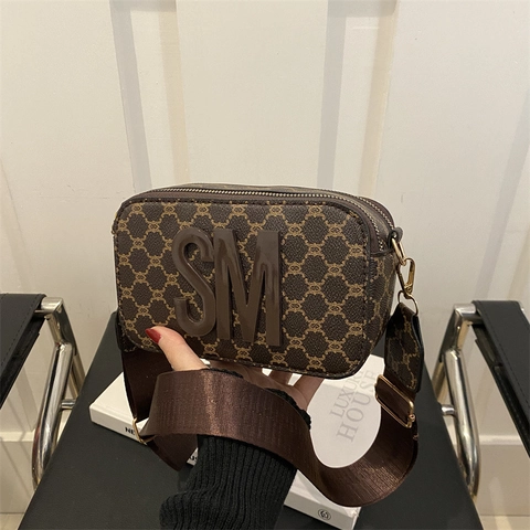 Dames Camera Tas Retro Patroon PU Leer Kleine Vierkante Crossbody Tas Brede Stoffen Band Letter Decoratie Mode Casual