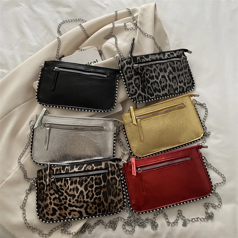 Women Crossbody Bag PU Leather Leopard Print Metallic Rivet Decor Chain Strap Small Shoulder Purse Simple Casual