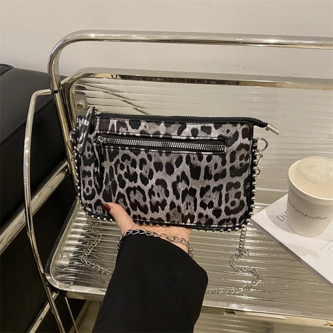 Women Shoulder Crossbody Bag Leopard Print Metallic PU Leather Rivet Decor Silver Chain Zipper Small Square Purse