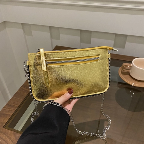 Bolso Bandolera de Moda para Mujer con Cadena Metálica Estampado de Leopardo Remaches Bolso de Hombro Mini Cuadrado Bolso de Fiesta