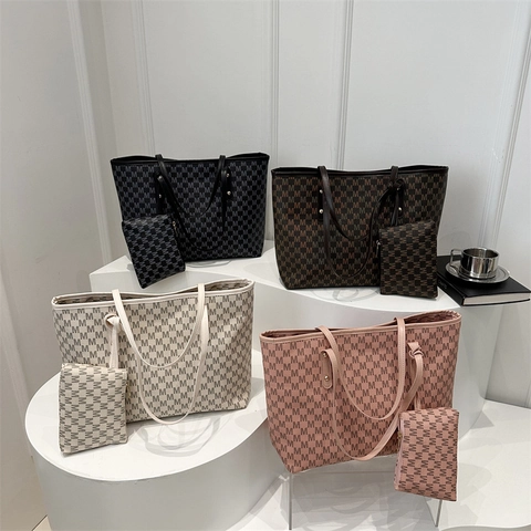 Women Large Capacity PU Leather Tote Bag And Pouch Monogram Letter Print Shoulder Bag Sub-mother Bag For Commute Daily