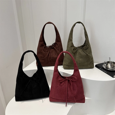Minimalist Suede Look Shoulder Bag For Women Vintage Bow Large Capacity Hobo Tote Bag Solid Color Elegant Underarm Handbag